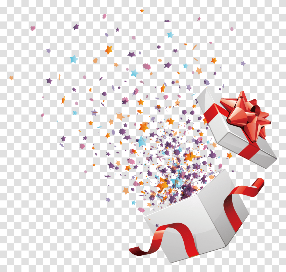 Box Gift Birthday Courtesy Vector Open Christmas Clipart Vector Gift Box Illustration, Paper, Confetti Transparent Png