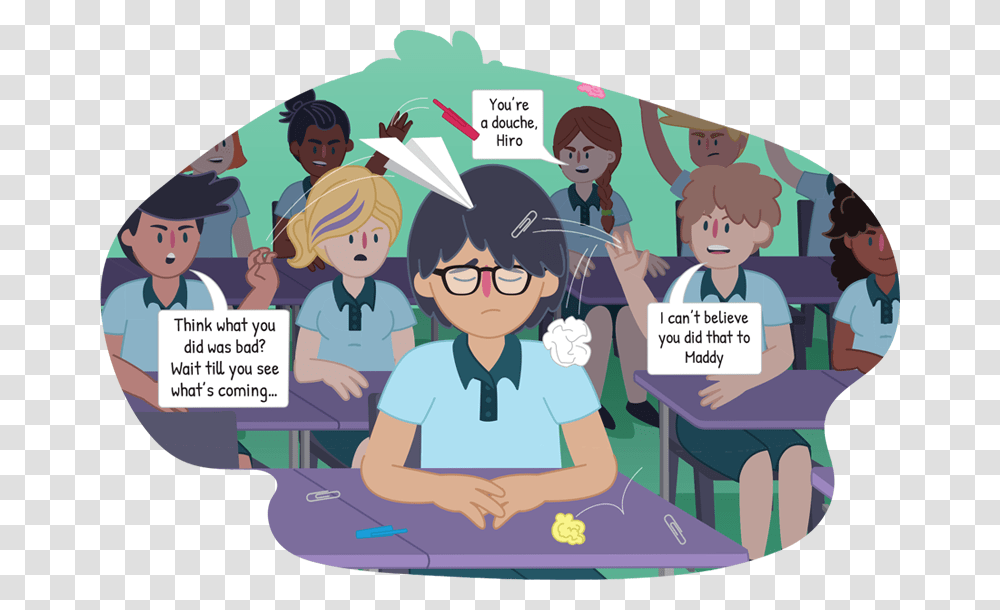 Boy Looking Sad As He Sits At His School Desk While Comics About Bullying, Person, Crowd, Book, Advertisement Transparent Png