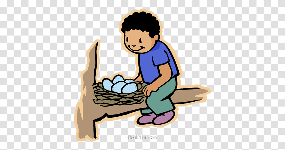 Boy With Bird Nest Bird Eggs Royalty Free Vector Clip Art, Kneeling, Reading, Outdoors, Girl Transparent Png