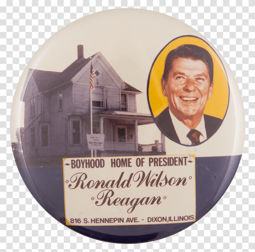 Boyhood Home Of President Reagan Event Button Museum Label, Person, Tabletop, Logo Transparent Png