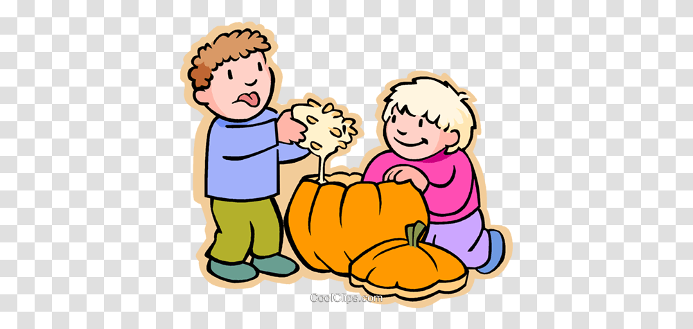 Boys Carving Halloween Pumpkin Royalty Free Vector Clip Art Carve Pumpkin Clip Art, Plant, Food, Vegetable, Produce Transparent Png