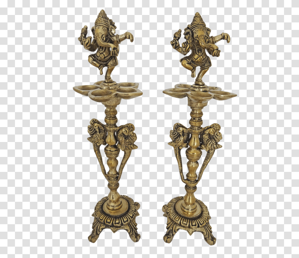 Brass Ganesha Pair Kuthuvilaku With 5 Face Jyot Showpiece Antique, Bronze, Gold, Cross Transparent Png