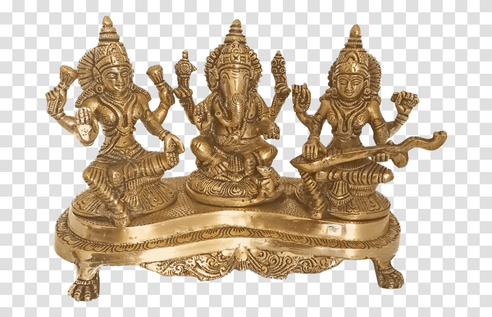 Brass Ganesha With Goddess Lakshmi And Saraswathi Statue Saraswati, Gold, Crown, Jewelry, Accessories Transparent Png