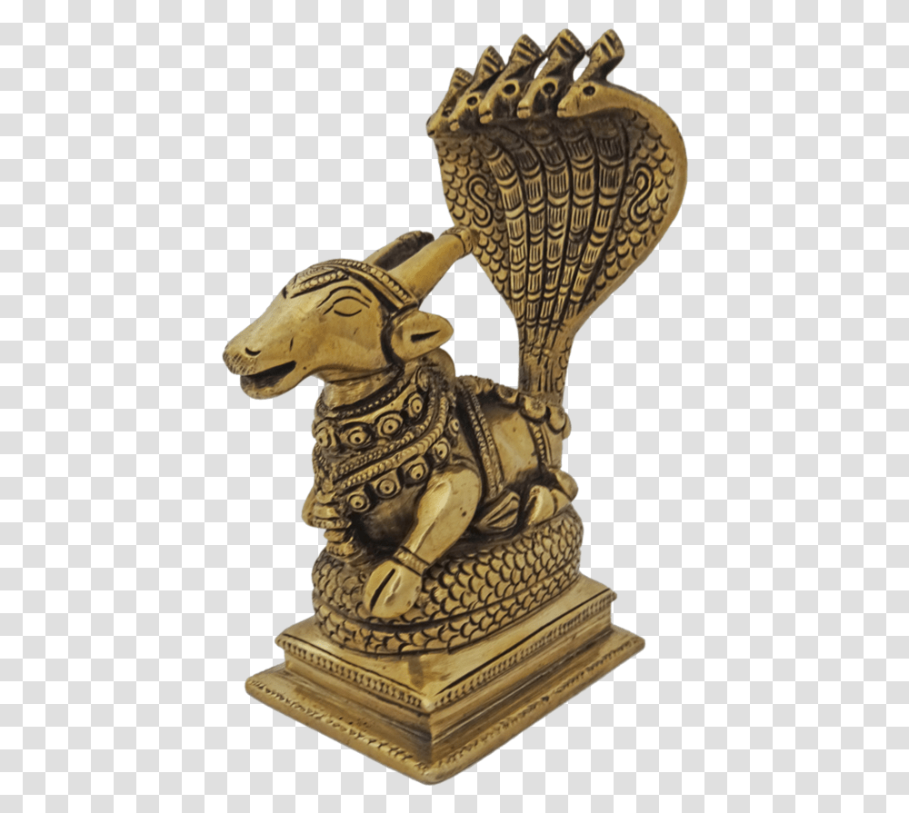 Brass God Nandi Sitting Under Five Headed Snake Statue Bronze Sculpture, Figurine, Wedding Cake, Dessert, Food Transparent Png