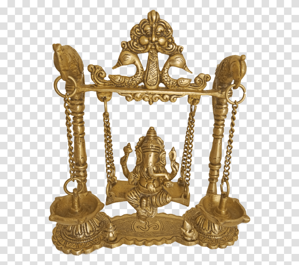 Brass Lord Ganesha Sitting In Peacock Julla With Diya Antique, Bronze, Furniture, Gold, Cross Transparent Png