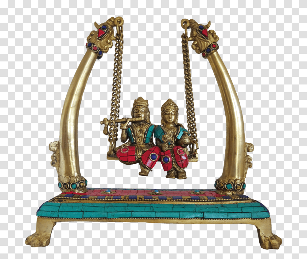 Brass Radha Krishna Playing Flute With Multi Stone Swing, Furniture, Throne, Figurine, Bronze Transparent Png