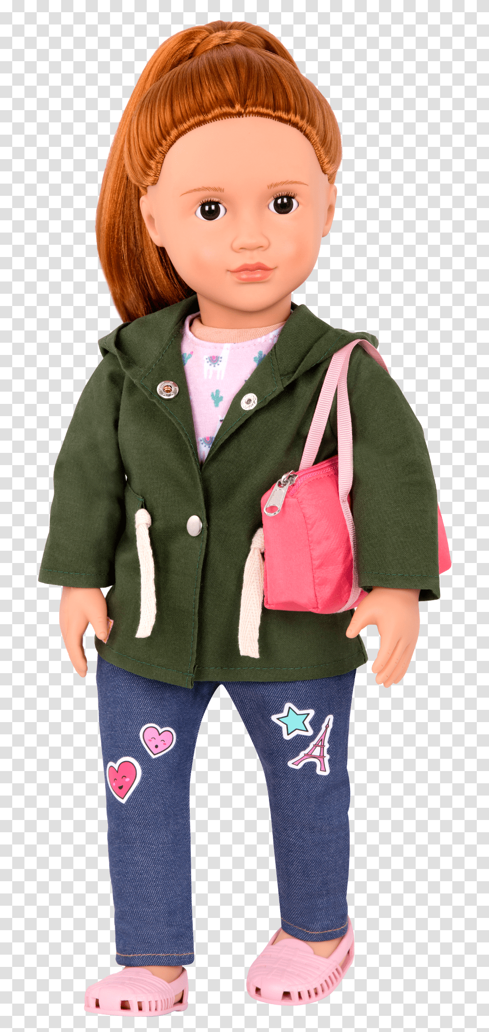 Brice Wearing Alpaca Your Bags Outfit With Purse Over Doll, Apparel, Jacket, Coat Transparent Png