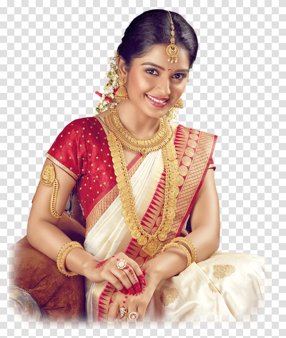Bridal South Indian Saree For Bride, Person, Accessories, Female Transparent Png