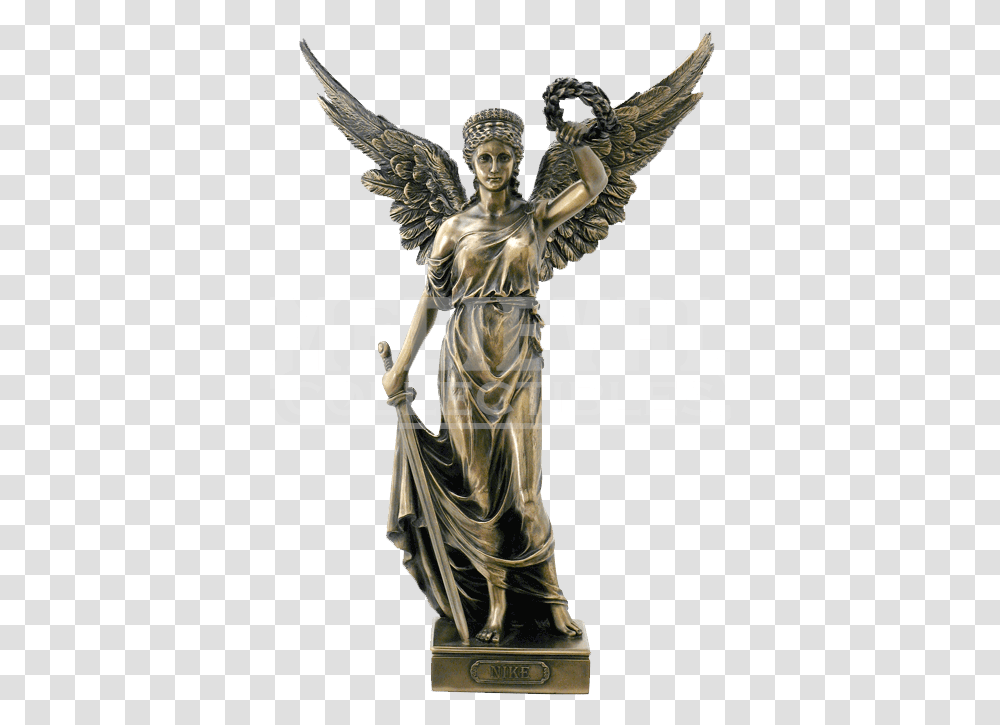 Bronze Nike With Sword And Wreath In Hands Nike Greek God Statue, Person, Human, Angel Transparent Png