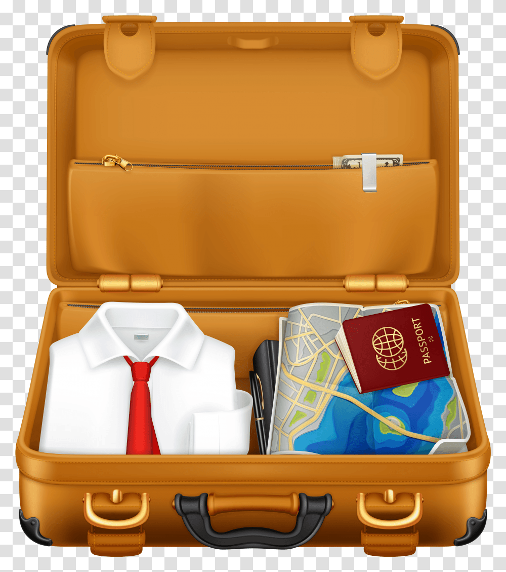 Brown Suitcase With Clothes And Passport Clipart Open Suitcase Clipart, Luggage, First Aid Transparent Png