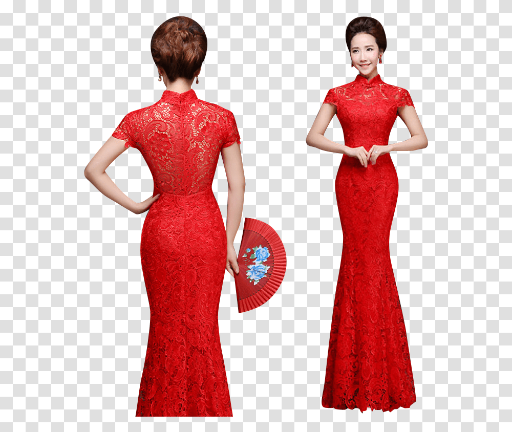 Bsjy Red Lace Mandarin Collar Mermaid Qipao Traditional Red Lace Mandarin Dress, Evening Dress, Robe, Gown Transparent Png
