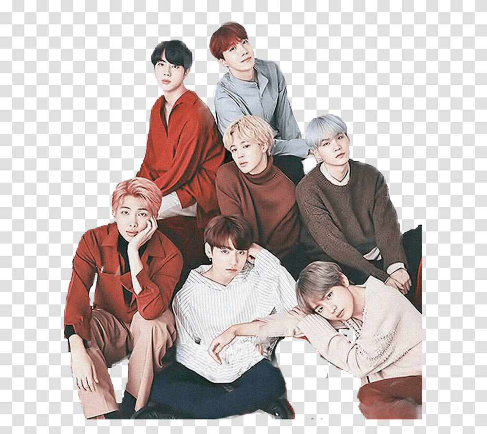 Bts Group Sitting Bts Background, Person, Tie, People, Book Transparent Png