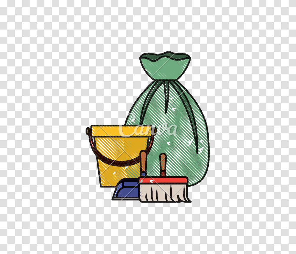 Bucket And Dustpan And Broom And Garbage Bag In Colored Crayon, Clock Tower, Architecture, Building, Lamp Transparent Png