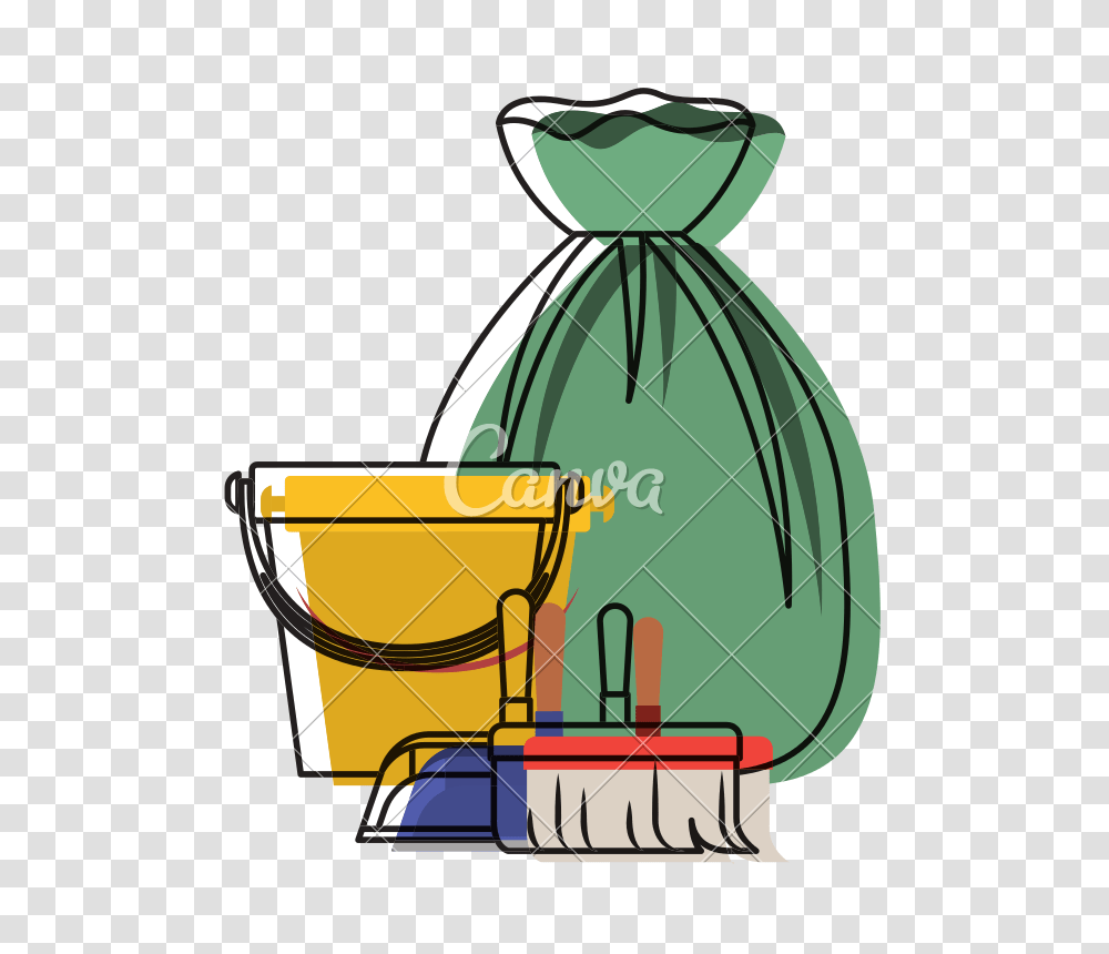 Bucket And Dustpan And Broom And Garbage Bag In Colorful, Lamp, Sack Transparent Png