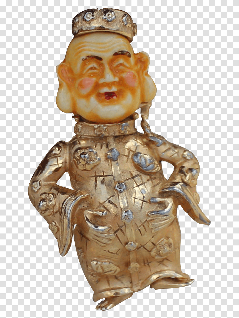 Buddha Figural Happy Face Asian Man Brooch Signed Figurine, Person, Human, Ivory, Bronze Transparent Png