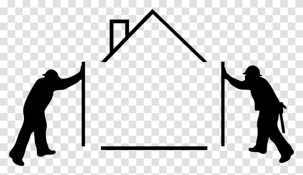 Builders Pushing House Together Building A House Clip Art, Person, Label, Triangle Transparent Png