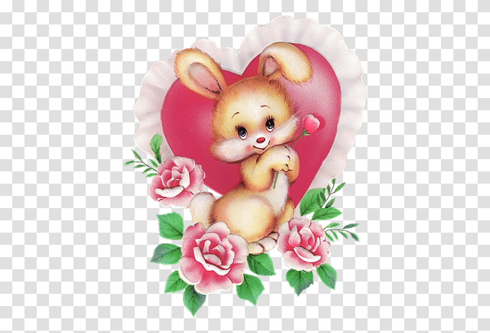 Bunny With Pink Heart Picture Rose And Bunny Good Morning Honey Bunny, Figurine, Sweets, Food, Toy Transparent Png