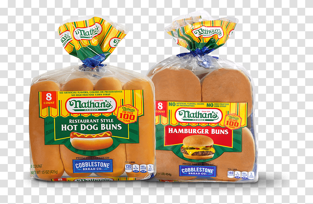 Buns Nathans Famous Hot Dogs Buns, Bread, Food, Burger, Snack Transparent Png