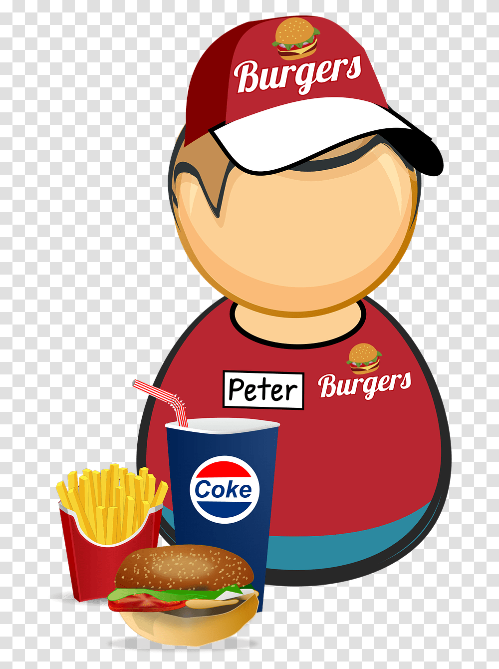 Burger Coke Cola Comic Characters Cup Drink Fast Food Worker Clipart, Baseball Cap, Hat, Apparel Transparent Png