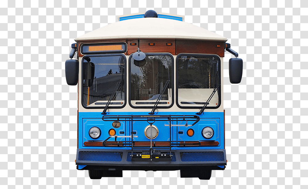 Bus Front Front Of A Trolly, Vehicle, Transportation, Tour Bus, Cable Car Transparent Png