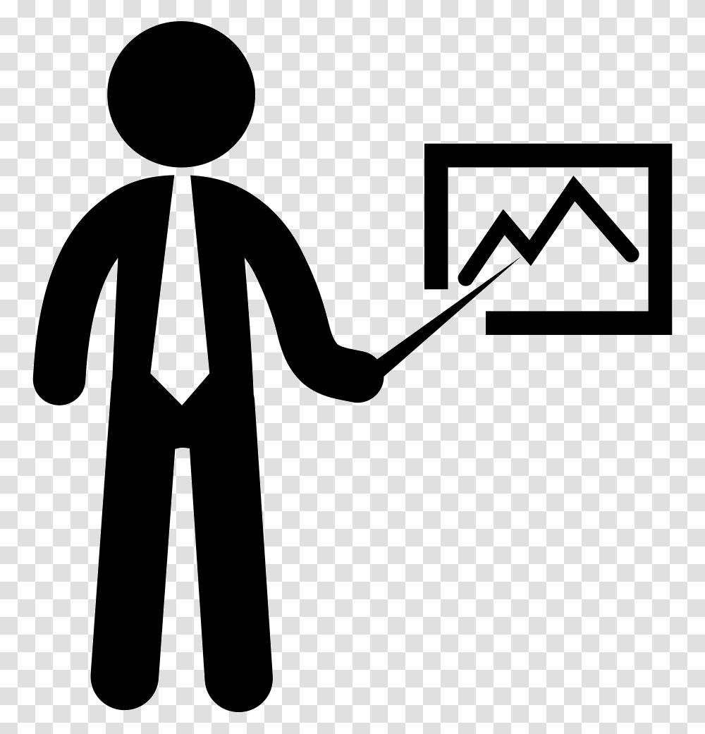 Business Man Pointing A Stats Graphic Man Pointing Icon, Person, Pedestrian, Silhouette Transparent Png