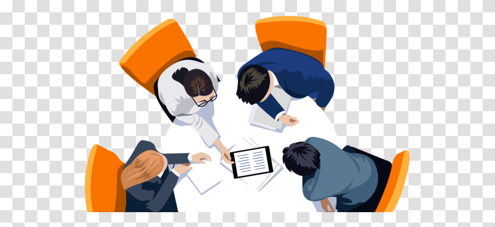 Business People Sitting On A Table Looking At A Tablet Businessperson, Human, Doctor, Reading Transparent Png