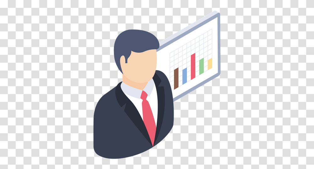 Business Presentation Icon Of Isometric Presentation Business Illustration, Text, Person, White Board, Tie Transparent Png