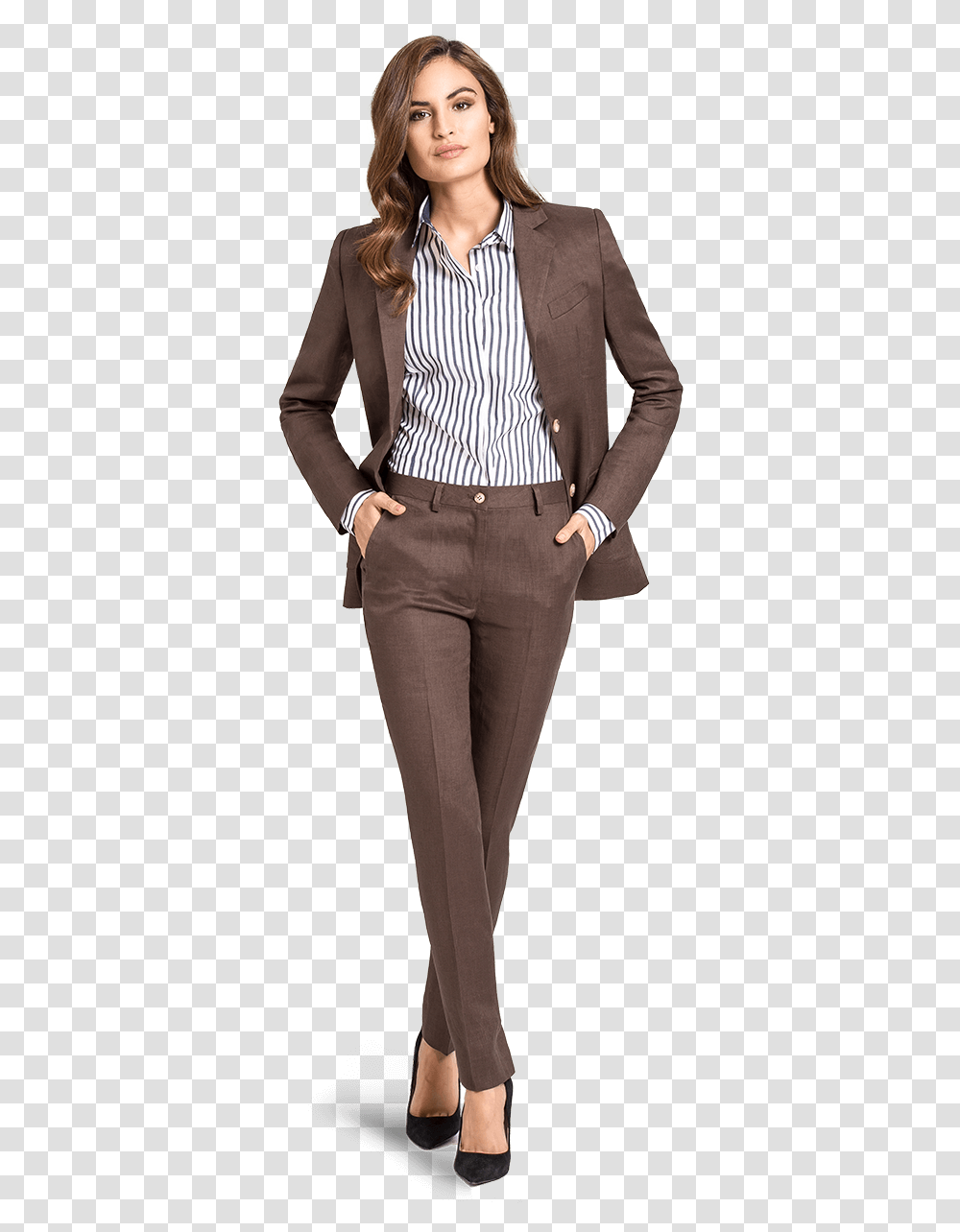 Business Suit Womens Brown Linen Suit, Overcoat, Female, Person Transparent Png