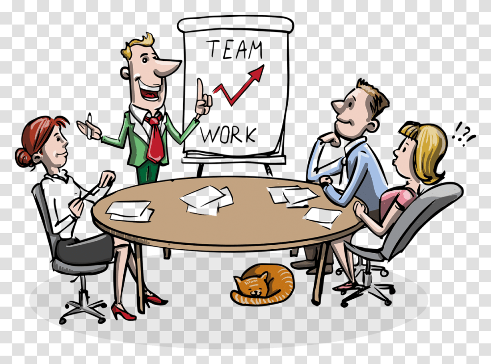 Business Team Meeting Illustrating Transformational Team Player Cartoon, Person, Chair, Furniture, Tabletop Transparent Png