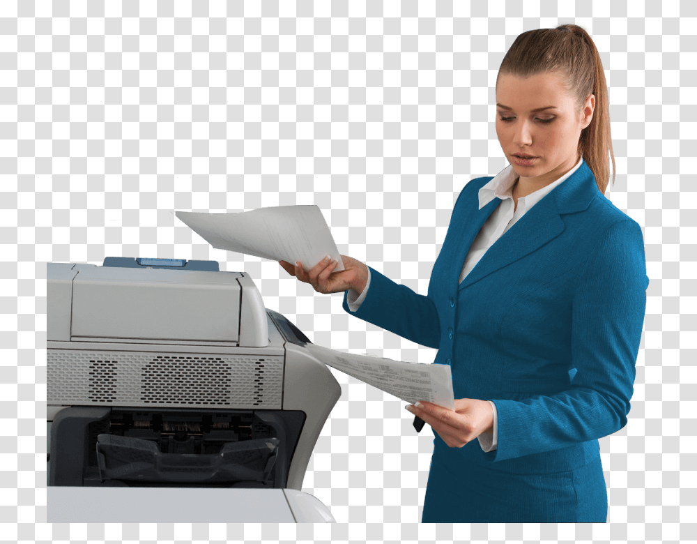 Business Woman Blue Coat Next To Office Printer Output Device, Person, Human, Machine, Suit Transparent Png