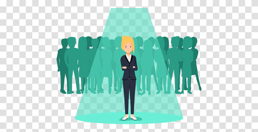 Business Woman In The Spotlight Person In Spotlight Cartoon, Long Sleeve, Green, Standing Transparent Png