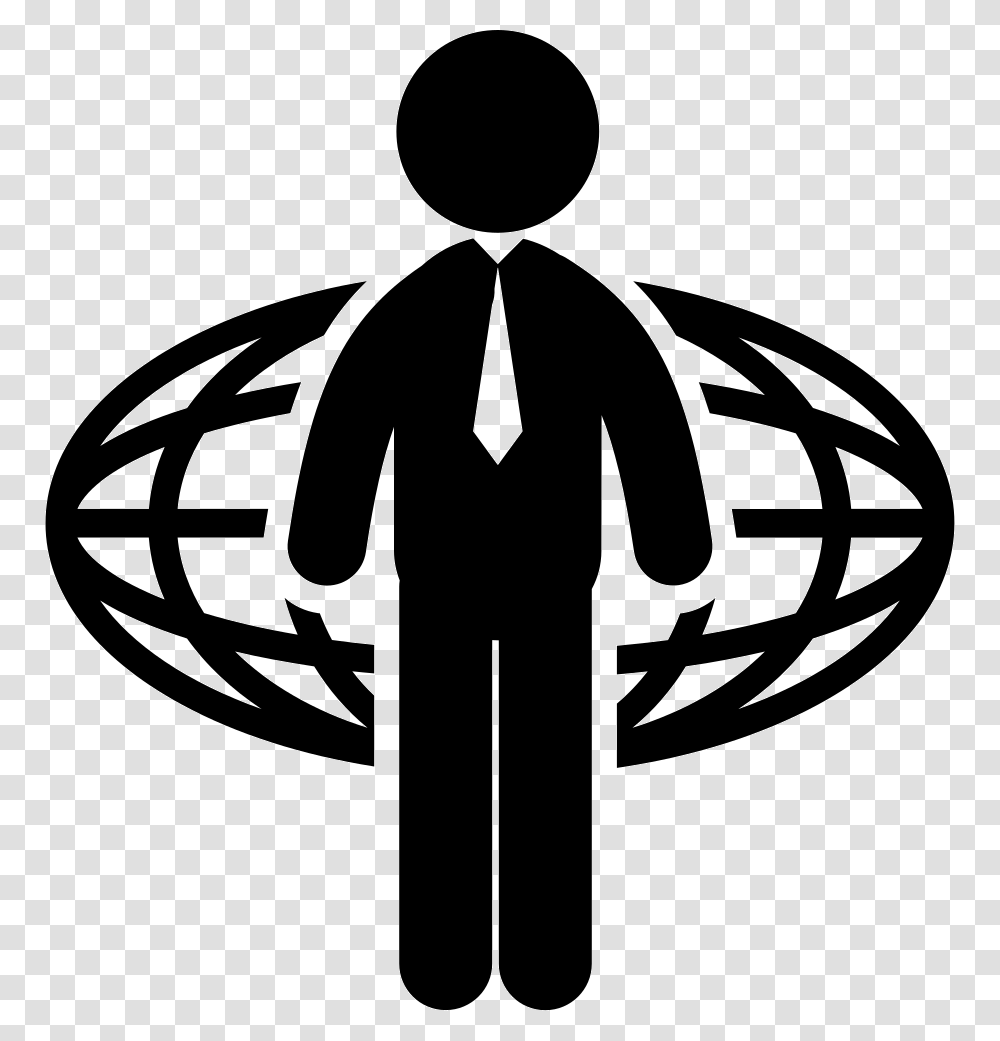 Businessman And Oval World Grid Behind Choices Clipart Black And White, Logo, Trademark, Stencil Transparent Png
