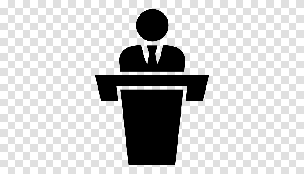 Businessman Behind Podium Giving A Speech Icon, Gray, World Of Warcraft Transparent Png