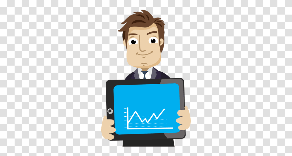 Businessman Cartoon Showing Graph Tab Video Ad Gigs On Fiverr, Computer, Electronics, Tablet Computer, Text Transparent Png