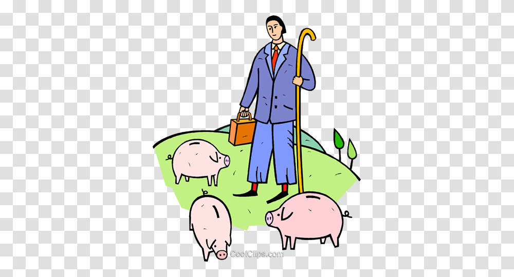 Businessman Shepherd With Piggy Banks Royalty Free Vector Clip Art, Person, Human, Mammal, Animal Transparent Png