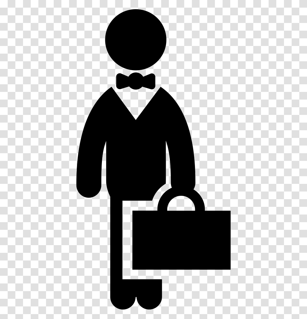 Businessman Standing With Bow Tie And Suitcase Businessman Clipart Black And White, Stencil, Silhouette, Bag Transparent Png