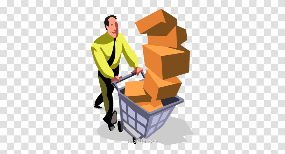Businessman With Cart Full Of Boxes Royalty Free Vector Clip Art, Person, Cardboard, Carton, Coat Transparent Png