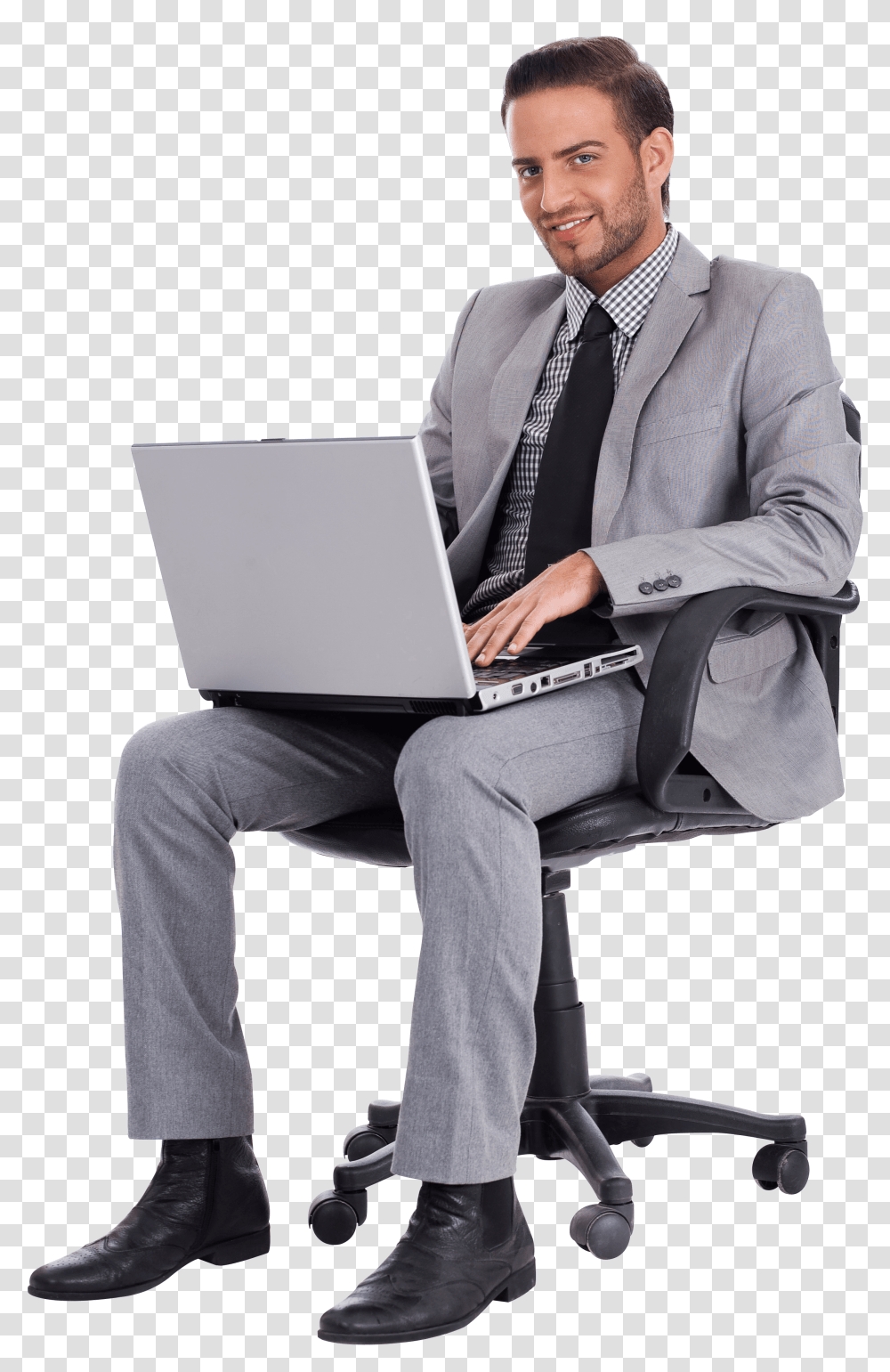 Businessman With Laptop Man In Suit Sitting, Person, Pc, Computer, Electronics Transparent Png