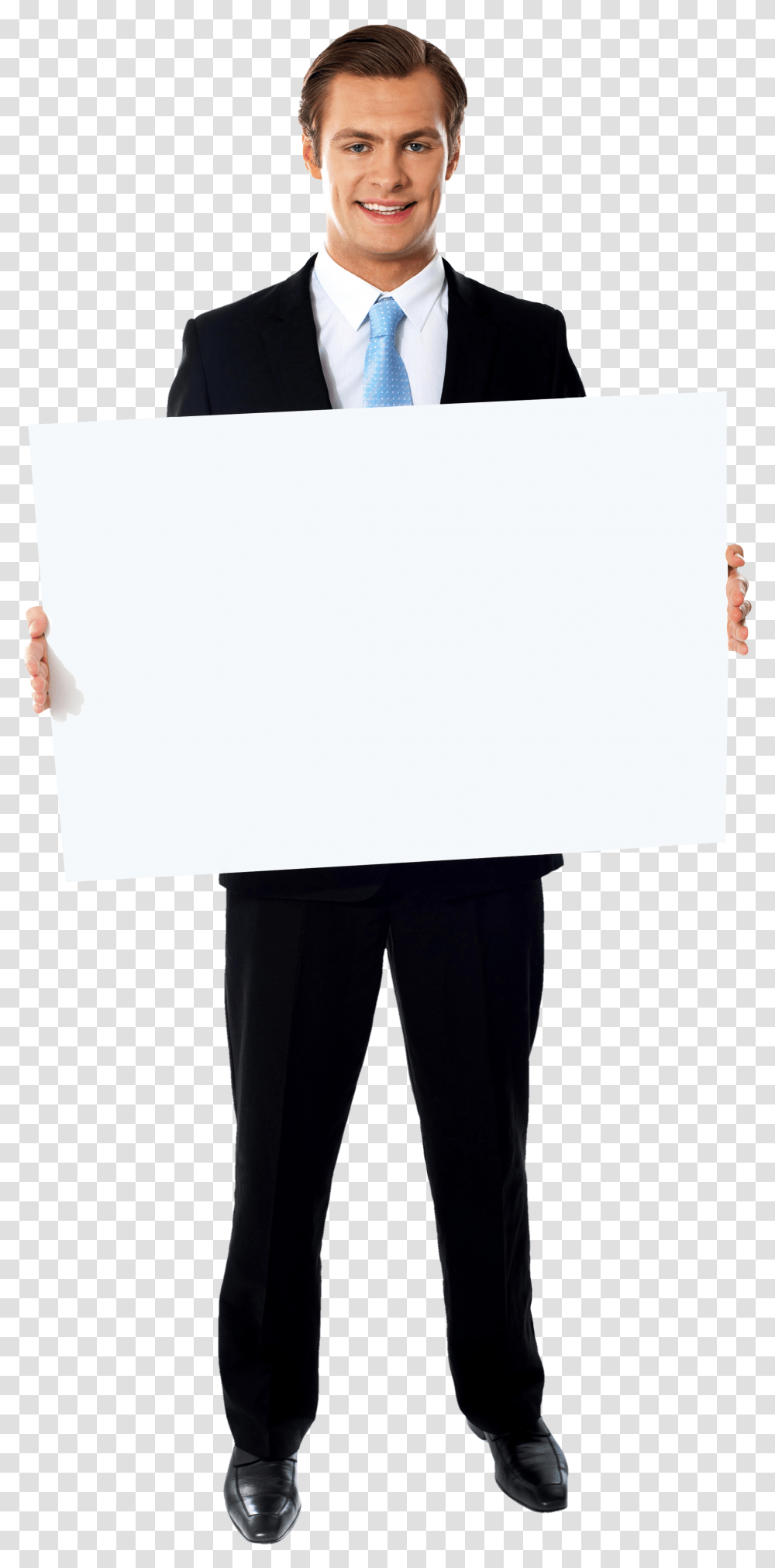 Businessmen Holding Banner Image Businessman Holding Banner, Person, White Board, Suit, Overcoat Transparent Png