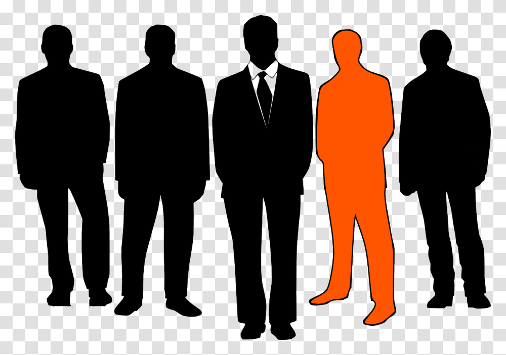 Businessmen Leader Group Business Men Orange Employees Background Clipart, Standing, Person, Suit, Overcoat Transparent Png