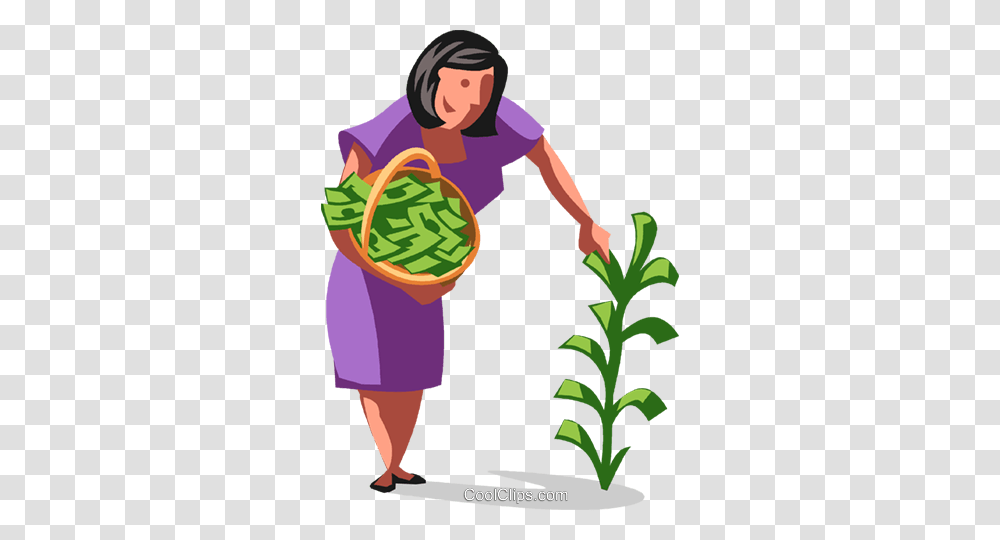 Businesswoman Picking Her Money Tree Royalty Free Vector Clip Art, Plant, Person, Outdoors, Food Transparent Png