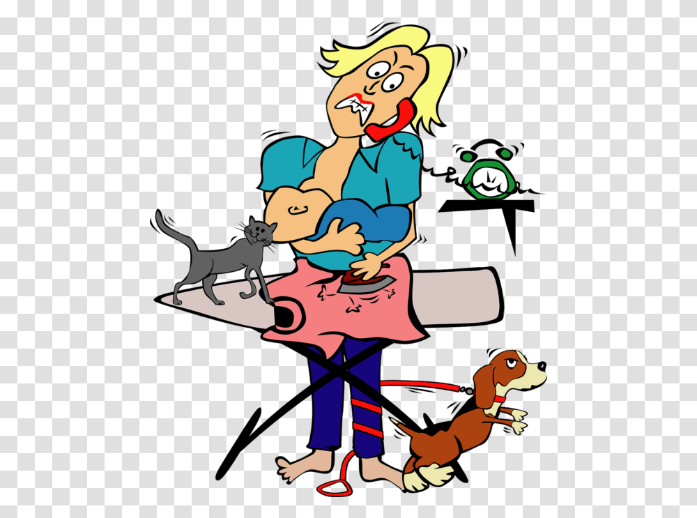 Busy Mom With Child And Pets Clip Art Free Vector, Person, Human, Book, Comics Transparent Png
