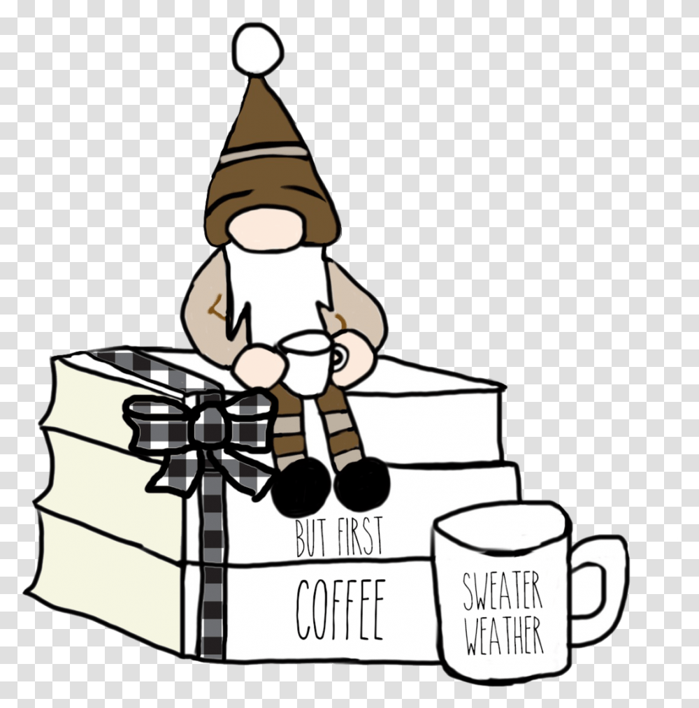 But First Coffee Gnome Book Stack Die Cut Cartoon, Clothing, Apparel, Tartan, Plaid Transparent Png