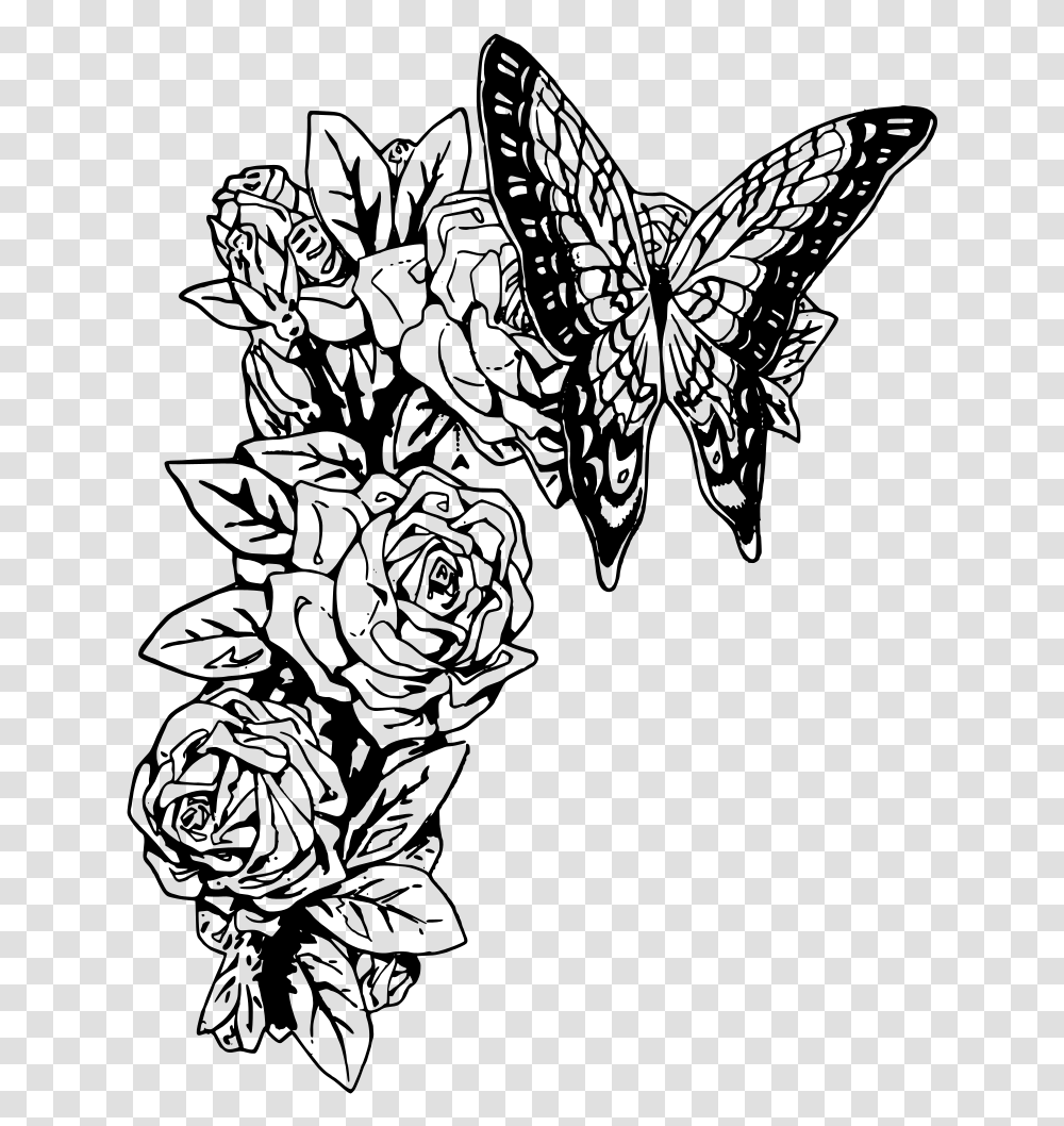 Butterfly And Roses Butterfly Black And White Art, Gray, World Of Warcraft Transparent Png