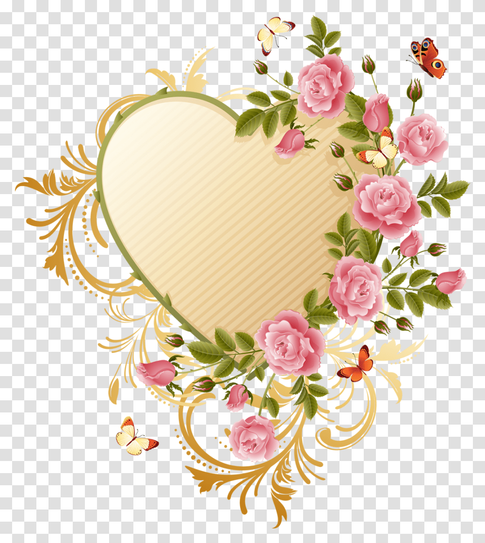 Butterfly Heart Flower Rose Pink Border Flower And Butterfly Heart, Graphics, Floral Design, Pattern, Plant Transparent Png