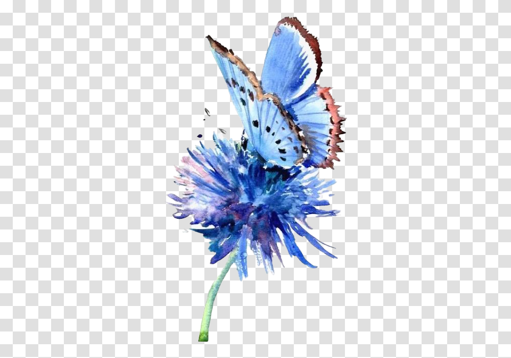 Butterfly Watercolor Art File Blue Butterfly On Flower Watercolour, Anther, Plant, Crystal, Pollen Transparent Png