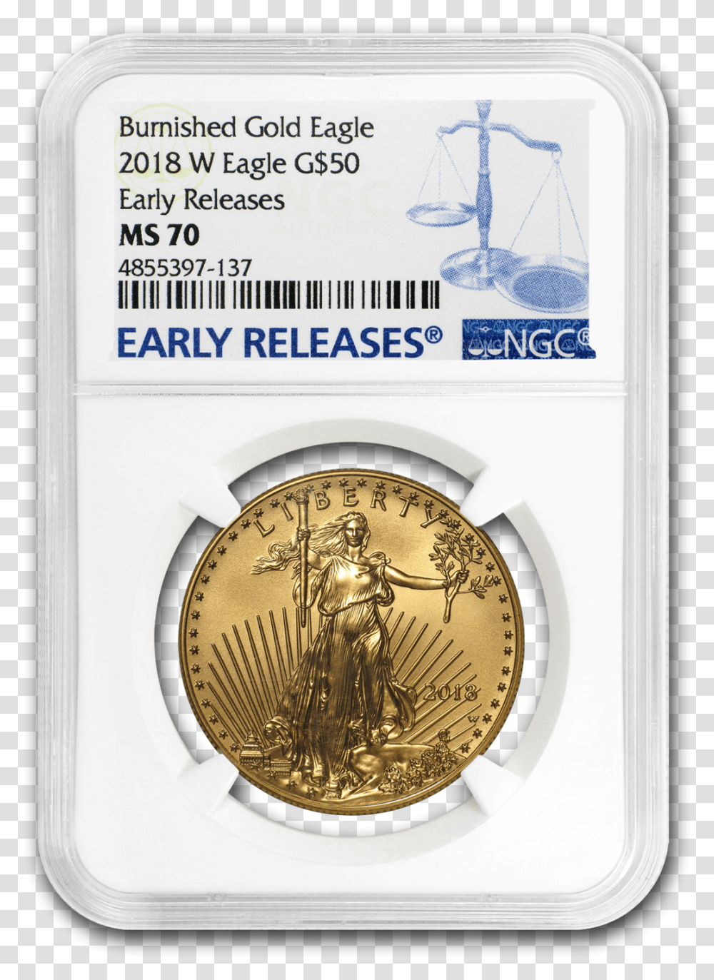 Buy 2018 W 1 Oz Burnished Gold Eagle Ms 70 Ngc Coin, Clock Tower, Architecture, Building, Money Transparent Png