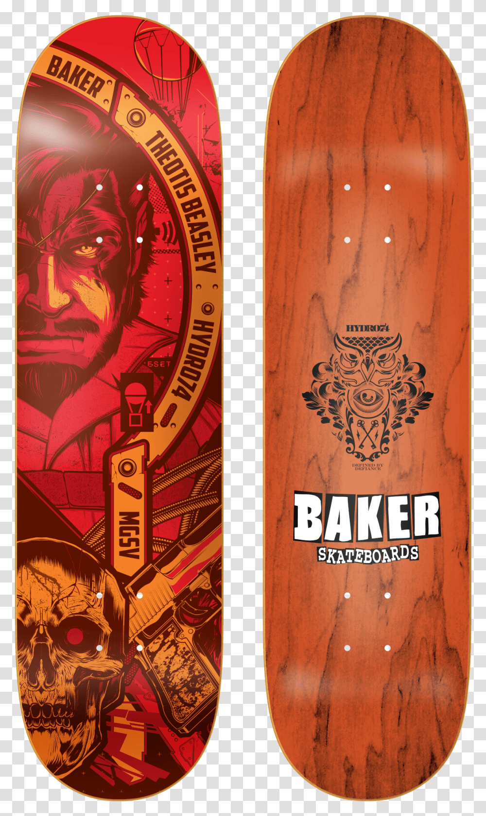By Hydro74 By Baker Skateboards With The Global Support Metal Gear Solid Skateboard Deck, Alcohol, Beverage, Bottle, Liquor Transparent Png