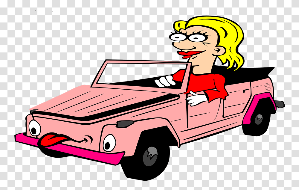Cabriolet Cartoon Blond Woman Tongue Pink Drive Off Phrasal Verb, Vehicle, Transportation, Automobile, Jeep Transparent Png
