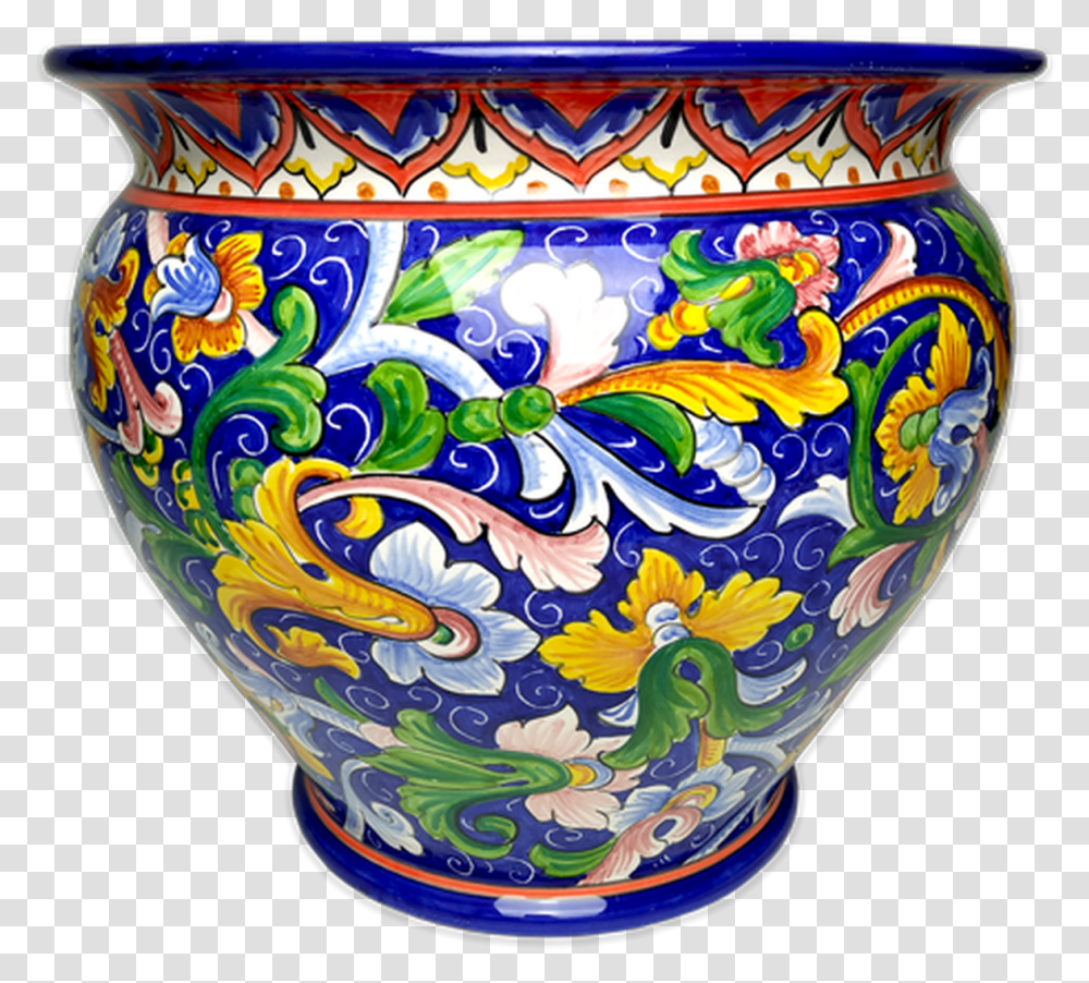 Cachepot With Colored Scrolls And Blue Background Porcelain, Pottery, Jar, Vase Transparent Png
